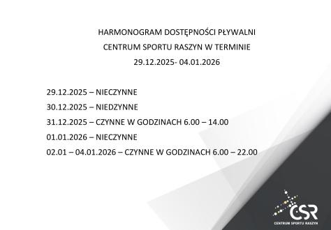 HARMONOGRAM PŁYWALNI W TERMINIE 29.12.2025 - 04.01.2026
